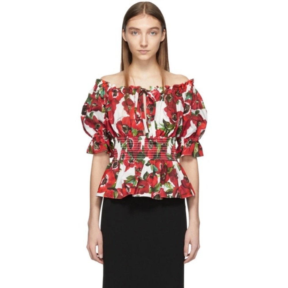 Dolce and Gabbana Red Floral Peplum Blouse